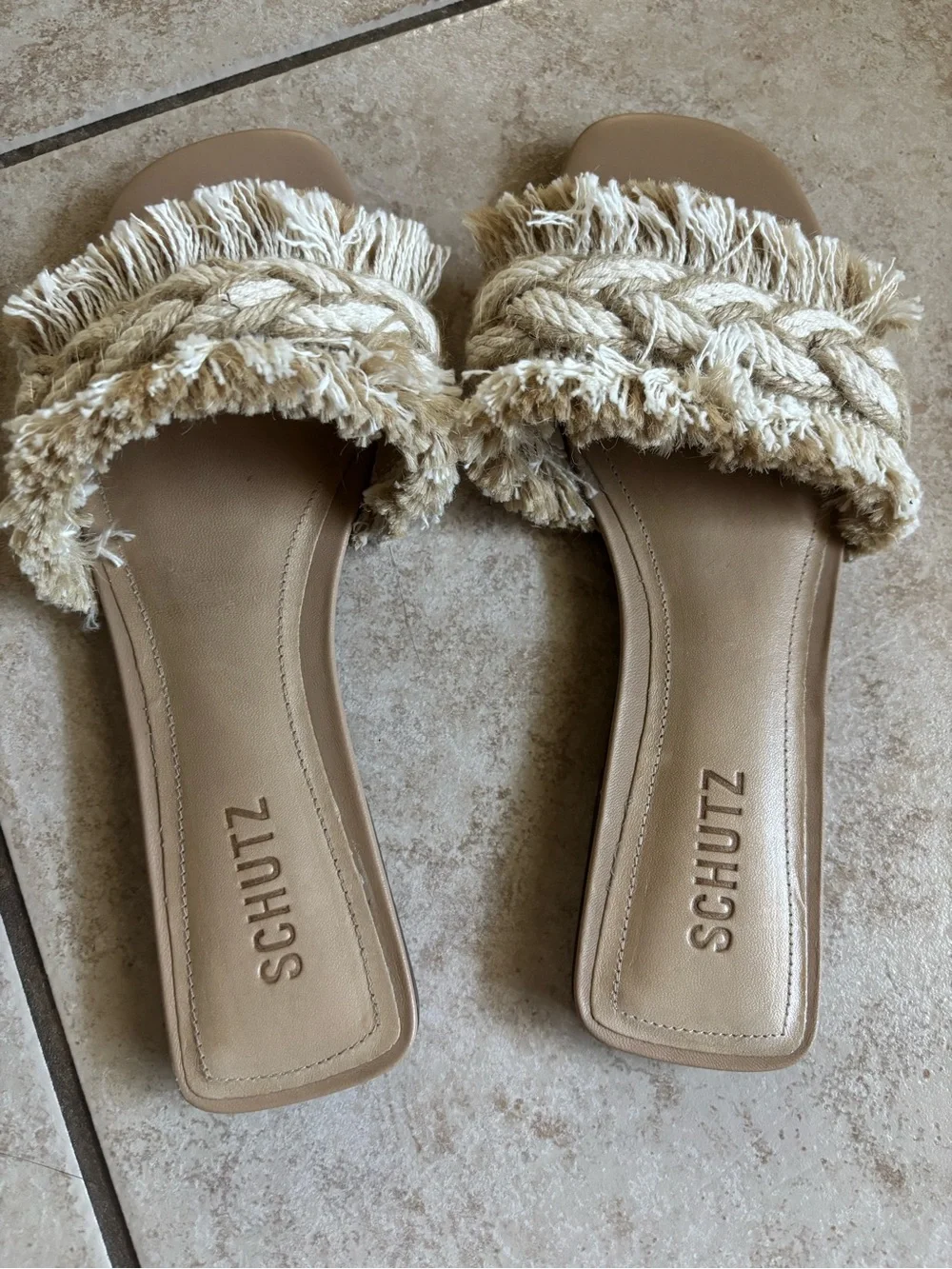SCHUTZ Beige Braided Fringe Sandals